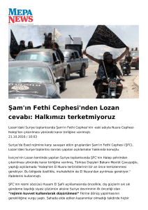 Şam`ın Fethi Cephesi`nden Lozan cevabı: Halkımızı
