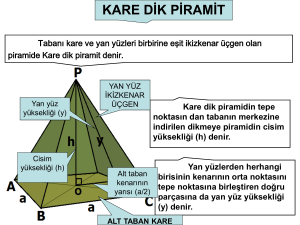 ÖRNEK-1) Bir kare dik piramidin taban kenarının uzunluğu 20 cm