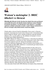 Watson`a mektuplar 2: BRIC ülkeleri ve ihracat